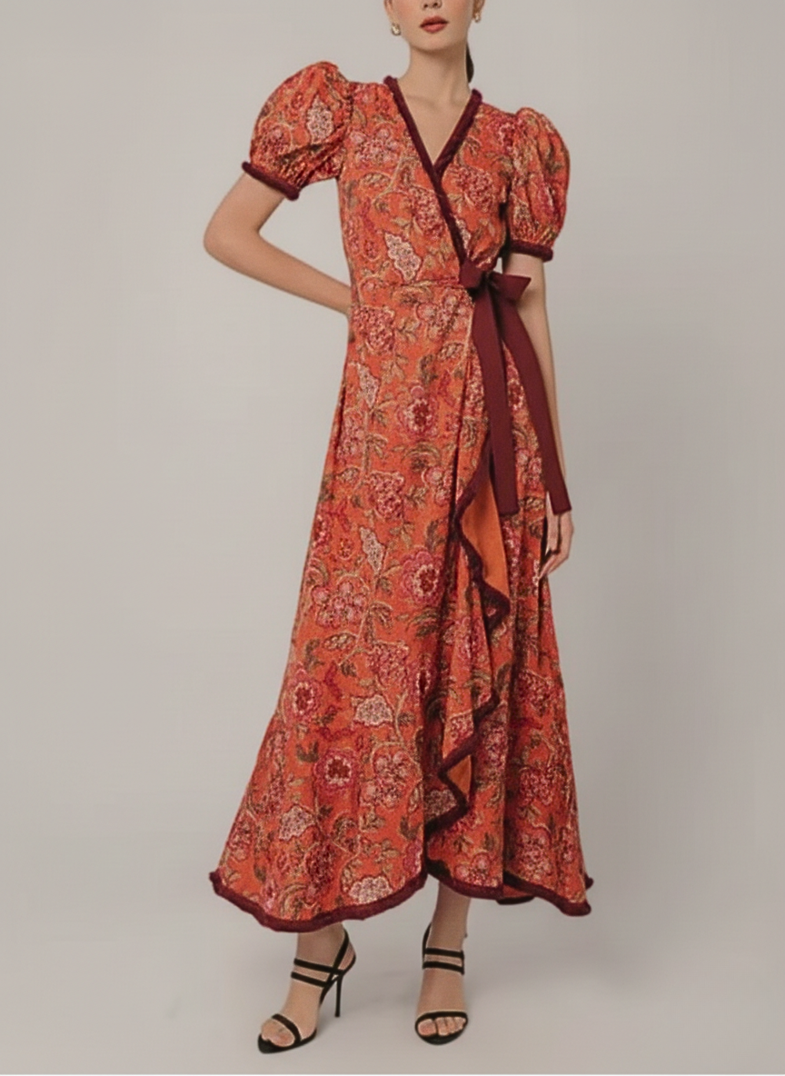 Nellie | Women’s Short Puff Sleeves Wrap Midi Dress