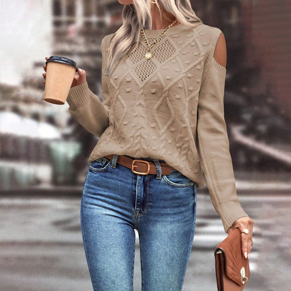 Sage | Women’s Knit Long Sleeve Cold Shoulder Sweater