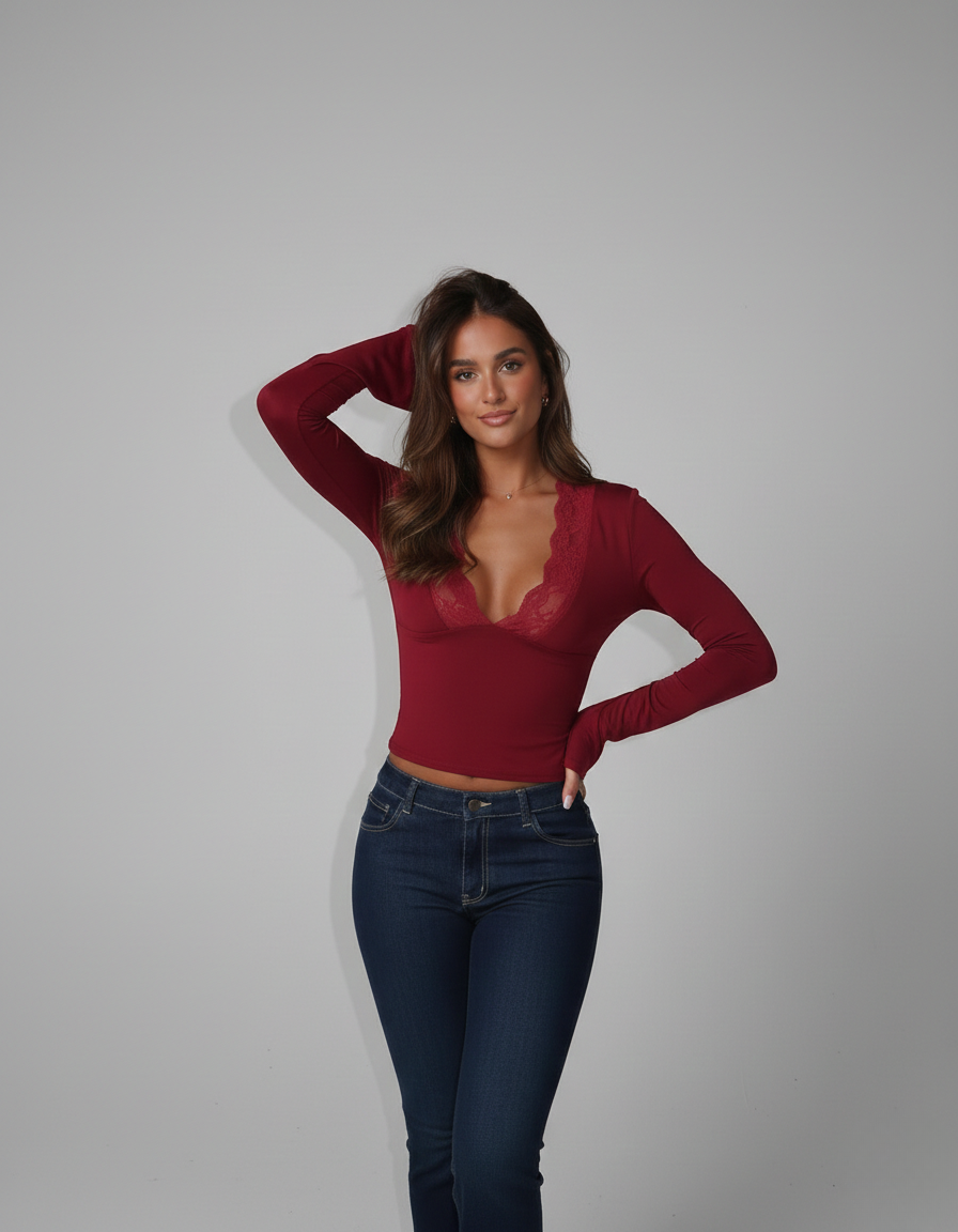 Aida | Women’s Lace Trim Long Sleeve Top