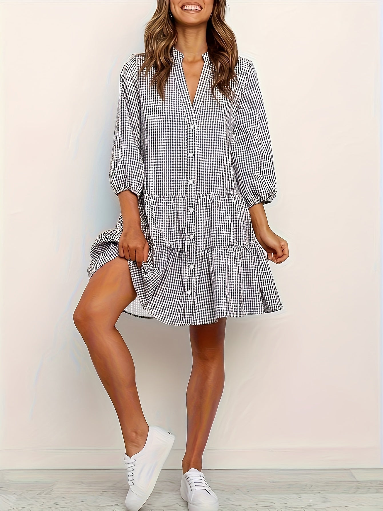 Camille | Women's Gingham Tiered Mini Shirt Dress